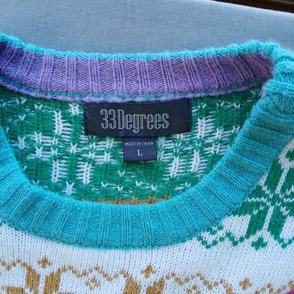 33Degrees Rainbow Unicorn Sweater L fair isle snowflakes soft white tassels ugly - Picture 9 of 15